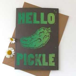 'hello pickle' linocut card by woah there pickle