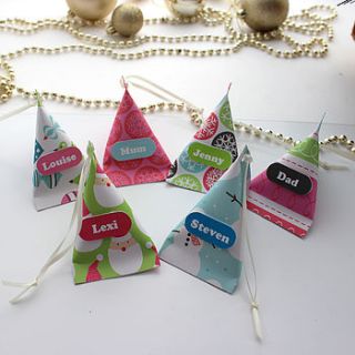 six retro personalised christmas tree pouches by yummy art and craft
