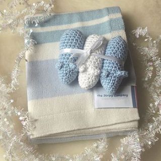 blanket and crochet mice rattle gift set by the stripy company