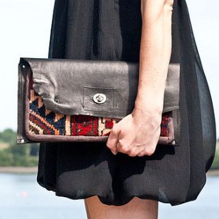 leather and antique carpet tilly clutch bag by lion house handbags