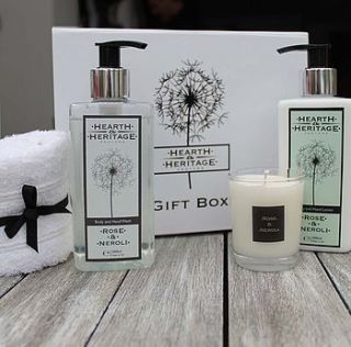 rose and neroli pamper gift set by hearth & heritage scented candles