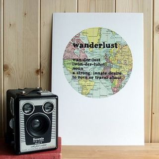 'wanderlust' definition typographic map print by bookishly
