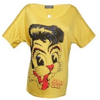 Gamiss Women's Casual Wear Scoop Neck Bat wing Sleeve Cartoon Cat Print Loose Versatile T shirt, Yellow, Regular Sizing 6 Fashion T Shirts
