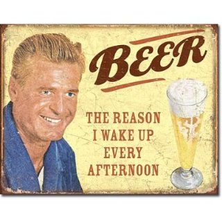 Beer The Reason I Get Up Every Afternoon Distressed Retro Vintage Tin Sign Tin Sign, 16x13   Old Metal Signs Beer