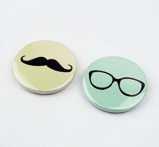 set of two geek chic pin badges by sarah hurley designs