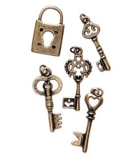 Blue Moon Lost & Found Metal Charms, Key 1 Asst Ox Gold, 5/Pkg