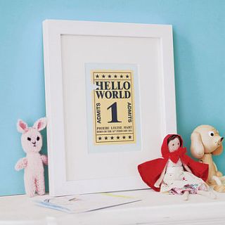 personalised 'hello world' ticket art print by modo creative