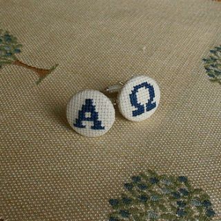 cross stitch alpha omega cufflinks by handstitched with love