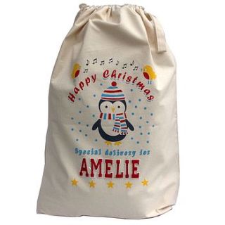 personalised penguin christmas sack by pink pineapple