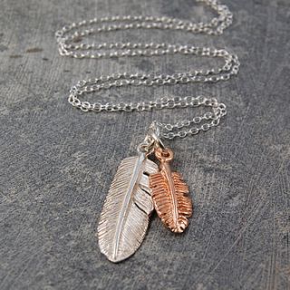 silver and rose gold vermeil feather necklace by otis jaxon silver and gold jewellery