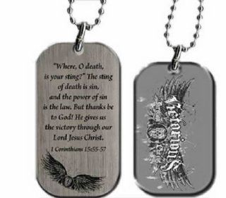 Christian Victorious Dog Tag Necklace   "Where, O Death, Is Your Sting? The Sting of Death Is Sin, and the Power of Sin Is the Law. But Thanks Be to God He Gives Us the Victory Through Our Lord Jesus Christ" 1 Corinthians 1555 57   1 1/2" 