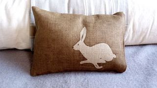 linen leaping hare cushion by helkatdesign