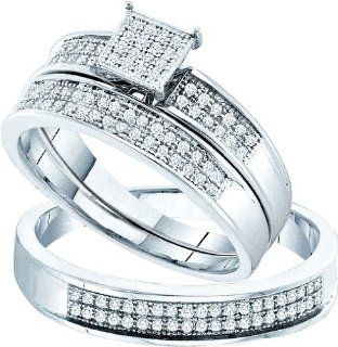 Stunning 3 Pc. 925 Sterling Silver and Genuine 1/3 Ctw. Diamond Trio Wedding Set for Him and Her " Size 7 for Her and Size 10 for Him Wedding Ring Sets Jewelry