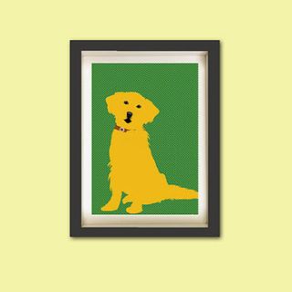golden retriever dog on green pattern print by indira albert