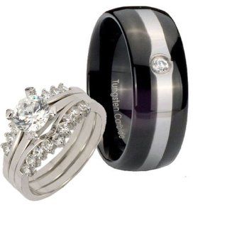 His & hers Tungsten Black IP Dome & Silver 925 CZ Engagement Wedding 4pcs Ring Set Sz 5, 10 Jewelry