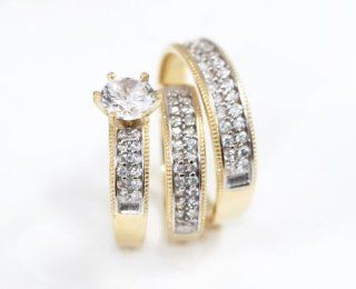 14k Yellow Gold CZ Ladies & Men His Hers Bridal Ring Engagement Wedding Trio Set   2 Jewelry