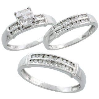 14k White Gold 3 Piece Trio His (4.5mm) & Hers (4mm; 6mm) Wedding Band Set, w/ 0.74 Carat Brilliant Cut & Invisible Set Diamonds; (Men's size 8.5 to 12.5); Ladies' size 8 Jewelry