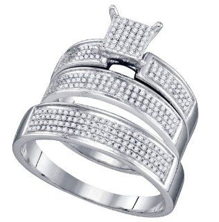 10k. White Gold 1/2 Ctw. 3pc. Micro Pave Diamond Wedding Set for Him and Her " Size 7 For Her and Size 10 For Him " GND Jewelry