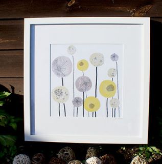 yellow and grey seed spheres framed art print by jo clark design