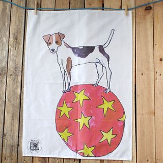 dog balancing on ball design tea towel by mellor ware