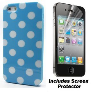 Blue White Polka Dots Cute Flex Gel Apple iPhone 4S 4 Cover Case w/ Screen Protector Cell Phones & Accessories