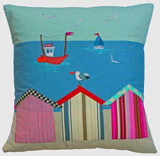 beach huts and boats cushion by lara sparks embroidery