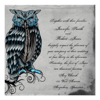 Blue Gothic Owl Posh Wedding Invitation