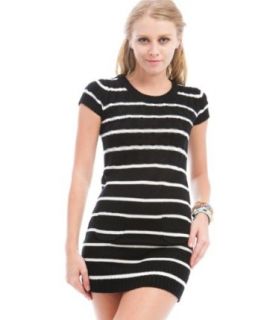 247 Frenzy Cable Knit Striped Sweater Dress   Black Ivory (Small)