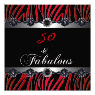 50 & Fabulous 50th Birthday Party Zebra Silver Red Announcement