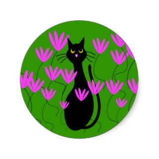 Black Cat Pink Flowers Cards Round Sticker