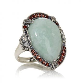 Jade of Yesteryear Green Jade, CZ and Garnet Sterling Silver Ring