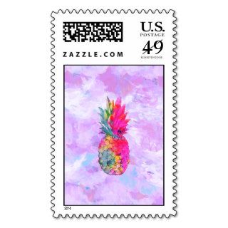 Bright Neon Hawaiian Pineapple Tropical Watercolor Postage Stamp