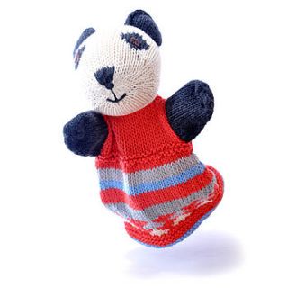 hand knitted organic cotton panda puppet by chunkichilli