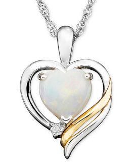 14k Gold and Sterling Silver Pendant, Opal (3/4 ct. t.w.) and Diamond Accent   Necklaces   Jewelry & Watches
