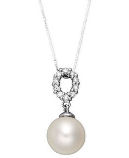 Belle de Mer 14k White Gold Necklace, Cultured Freshwater Pearl (9mm) and Diamond (1/5 ct. t.w.) Oval Pendant   Necklaces   Jewelry & Watches