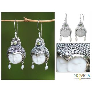 Silver 'Day Dreamers' Pearl and Peridot Earrings (3 4 mm) (Indonesia) Novica Earrings