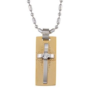 Stainless Steel Two Tone Golden Cross with Center Crystal Necklace Religious Necklaces