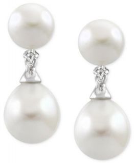 10k White Gold Earrings, Cultured Freshwater Pearl (6 1/2mm) and Diamond Accent Drop Earrings   Earrings   Jewelry & Watches