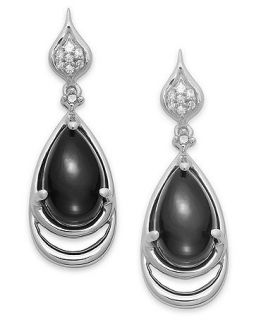 Sterling Silver Earrings, Onyx (8 ct. t.w.) and Diamond (1/10 ct. t.w.) Oval Drop Earrings   Earrings   Jewelry & Watches