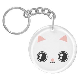 Cute White Kawaii Kitty Cat Face Black Shiny Eyes Acrylic Key Chain