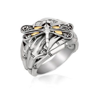 18K Yellow Gold and Sterling Silver Bamboo and Dragonfly Motif Ring Jewelry