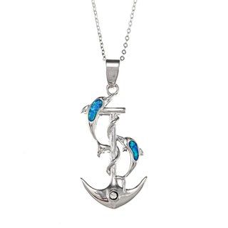 La Preciosa Silver Created Blue Opal and CZ Dolphin and Anchor Necklace La Preciosa Gemstone Necklaces