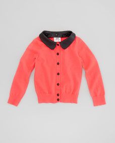Milly Minis Removable Faux Leather Collar Cardigan, Melon, Sizes 2 7