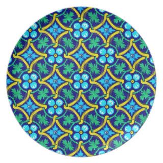 Mexican Tile Design Teal Yellow Floral Print Dinner Plates