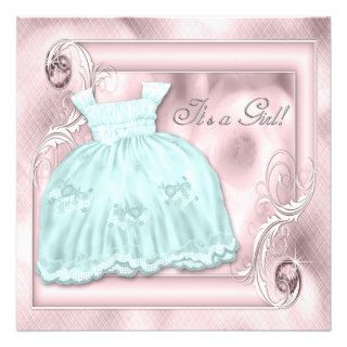 Teal Blue and Pink Dress Baby Shower Custom Announcement