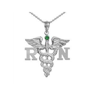 NursingPin   Registered Nurse RN Graduation Nursing Necklace with Emerald in Silver   16IN Jewelry