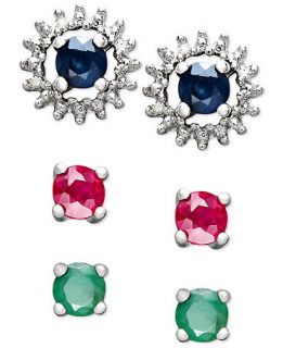 Sterling Silver Sapphire, Ruby, Emerald and Diamond Jacket Interchangeable Stud Earring Set   Earrings   Jewelry & Watches