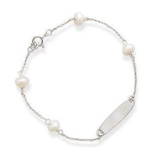 White Pearl ID Identification Bracelet Sterling Silver   Engraving Included Bracelets For Women Jewelry