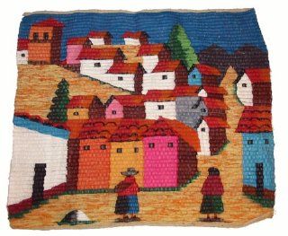 Peruvian highlands landscape with Shepherd Women Wool tapestry 39"W x 36"L  