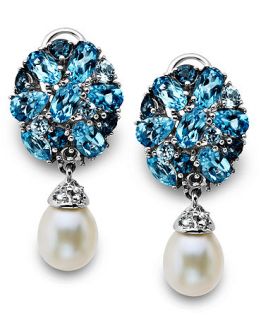 Sterling Silver Earrings, Cultured Freshwater Pearl (7mm x 9mm) and Blue Topaz Drop Earrings (4 3/8 ct. t.w.)   Earrings   Jewelry & Watches